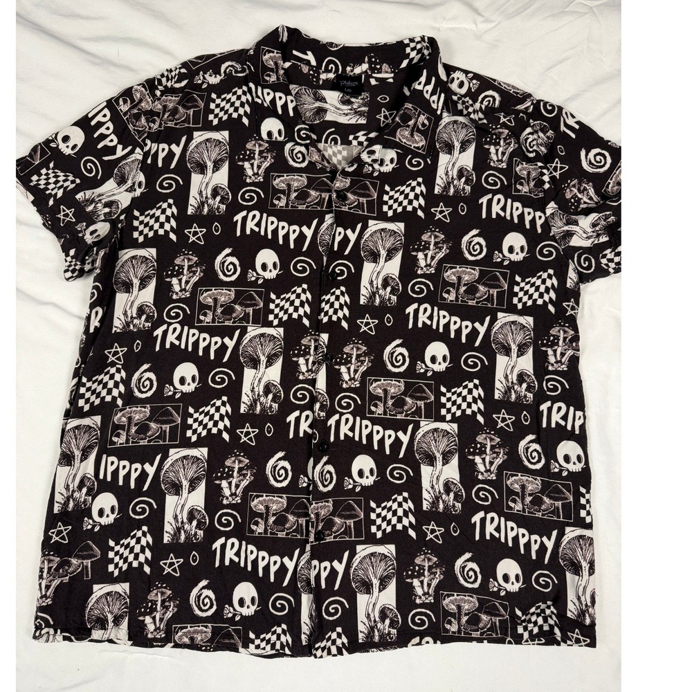 Philcos Trippy Mushroom Skull‎ Graphic Button Down Mens Large Festival Goth Punk